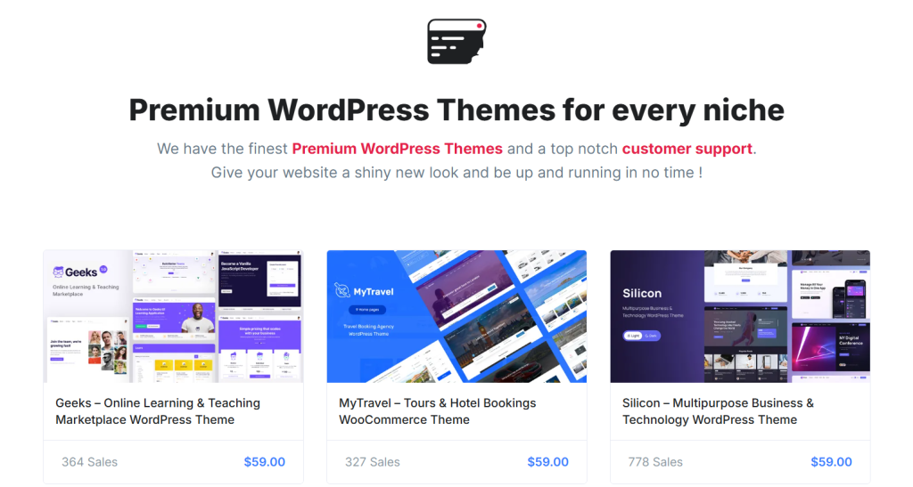Screenshot displaying a selection of premium WordPress themes, with examples for education, travel, and business, including price and sales information.