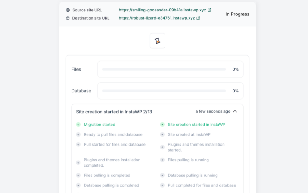Screenshot of a website migration interface with progress indicators for files and database transfer, including source and destination site URLs.