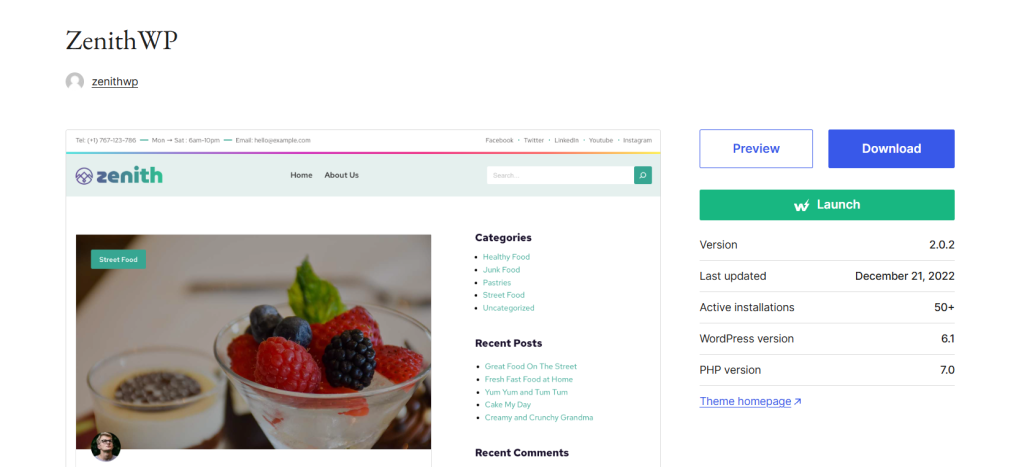 Screenshot of the ZenithWP WordPress theme showing a food blog layout with a featured post on street food, navigation menu, social links, and theme download options.