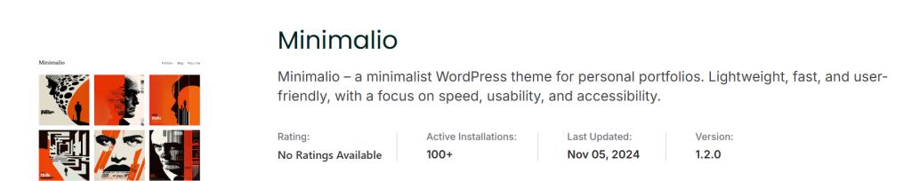 Screenshot of the Minimalio WordPress theme page showing theme details including ratings, active installations, last update, and version.