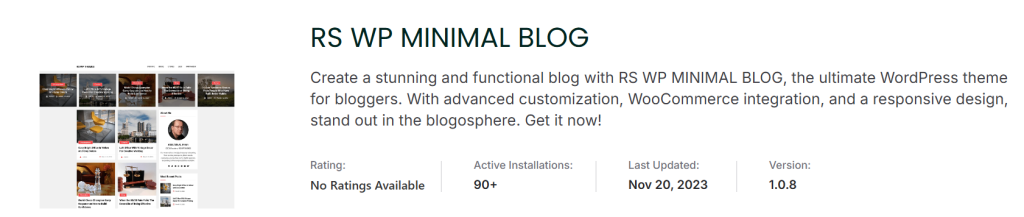 Screenshot of the RS WP MINIMAL BLOG WordPress theme advertisement, highlighting features, installation count, and latest update details.