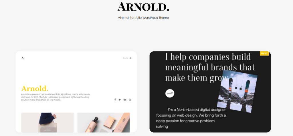 Screenshot of Arnold Minimal Portfolio WordPress Theme homepage with descriptive text about its features and design approach.