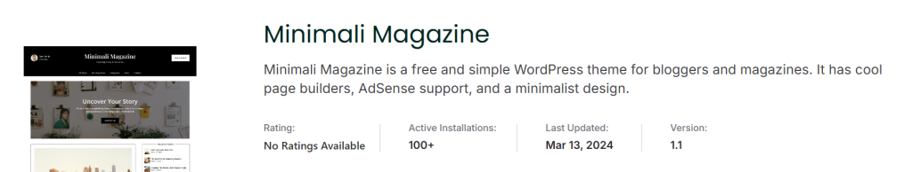 Screenshot of Minimali Magazine theme features with ratings, active installations, update date, and version information.