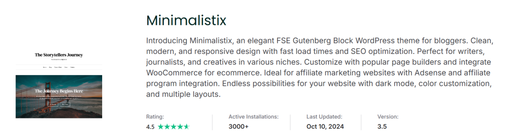 Screenshot showing the Minimalistix WordPress theme description with user ratings and installation details, along with a sample image header titled "The Storytellers Journey"