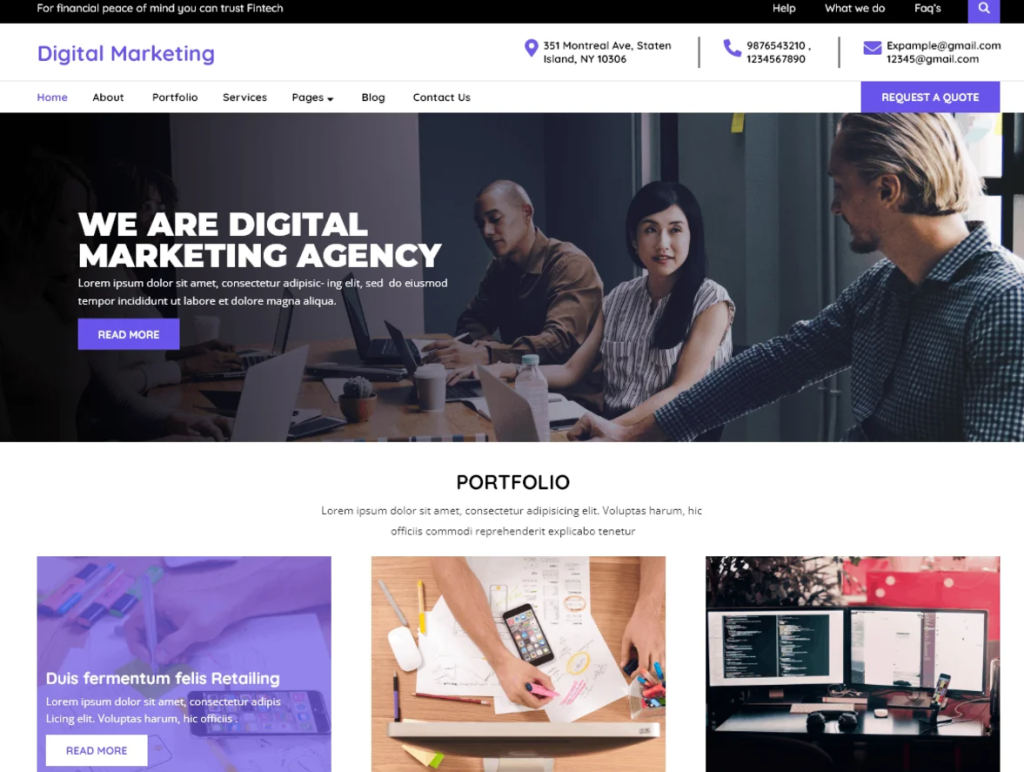 Screen capture of a digital marketing agency's website homepage, featuring a banner with a team meeting and sections showcasing services and portfolio.