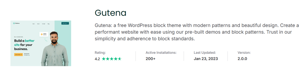 Screenshot of the Gutena WordPress theme information including features, rating, active installations, last updated date, and version number, with a visual preview of the theme's design and branding.