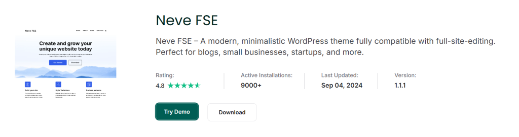 Screenshot of the Neve FSE WordPress theme page showing its features, user rating, number of active installations, last update, and version, along with options to try a demo or download the theme.