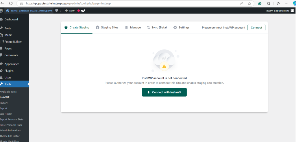 Screenshot of a WordPress admin panel displaying a notification that the InstaWP account is not connected, prompting the user to connect for staging site creation.