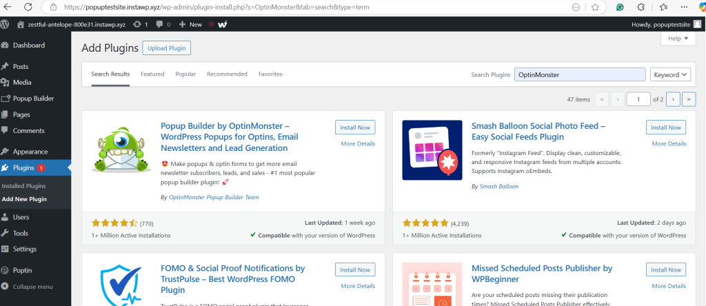 A screenshot showing the 'Add Plugins' page within a WordPress dashboard, with various plugin options including Popup Builder by OptinMonster and Smash Balloon Social Photo Feed.