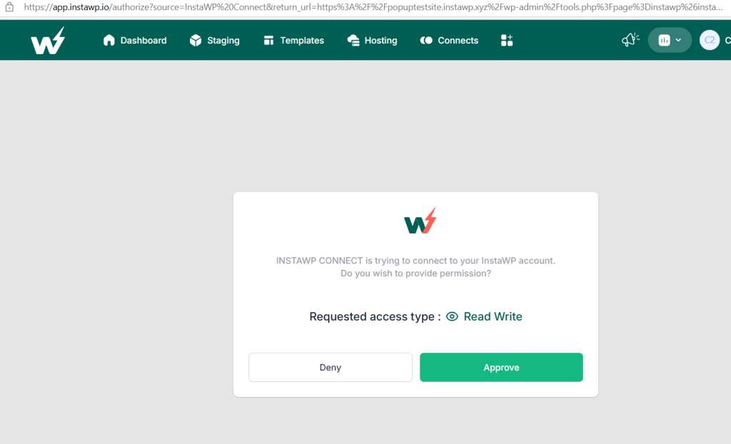 Screenshot of a web page asking for permission to connect InstaWP with user's InstaWP account, featuring options to approve or deny access.