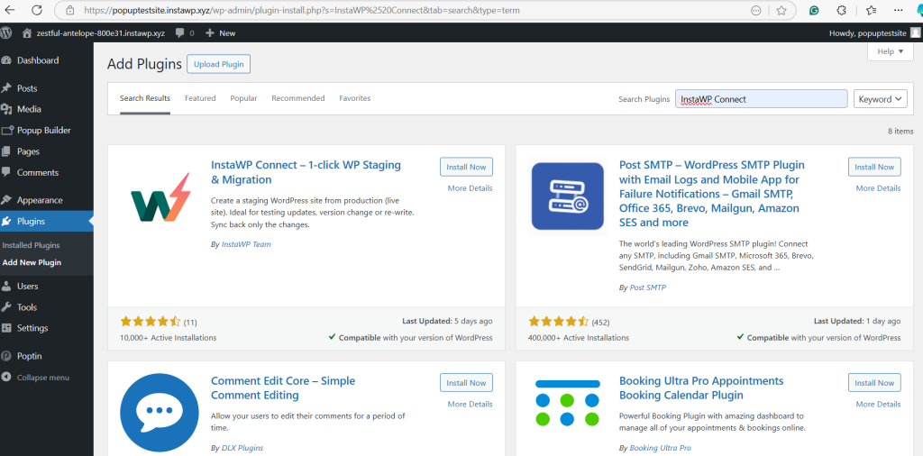 Screenshot showing the 'Add Plugins' page in a WordPress dashboard with various plugins like InstaWP Connect, Post SMTP, and others available for installation.