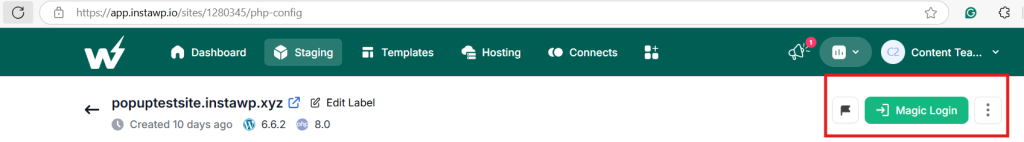 Screenshot showing a website management dashboard interface featuring navigation icons for Dashboard, Staging, Templates, Hosting, and Connects, with a highlighted Magic Login button.