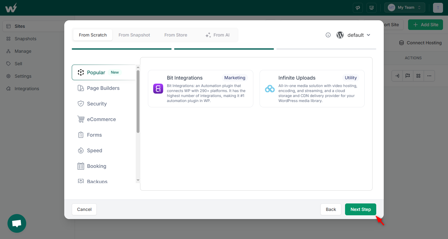 Choosing the tools and components to preinstall on a new InstaWP site, including WooCommerce