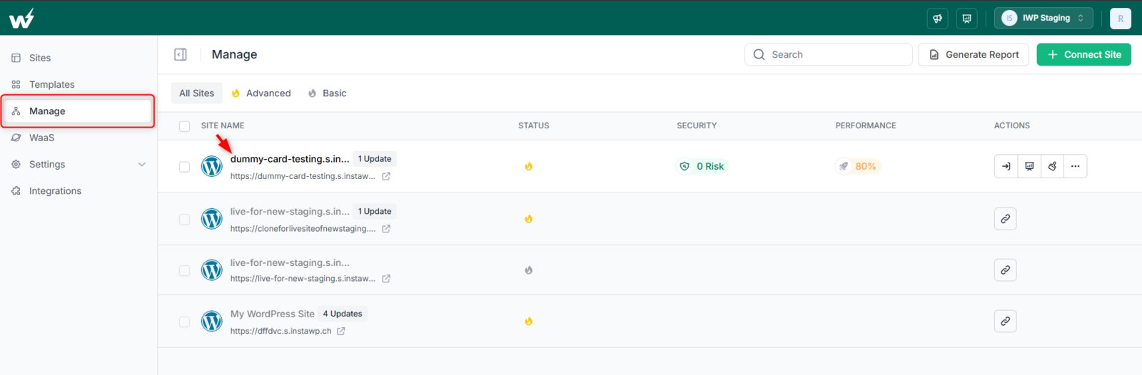 The Manage section in the InstaWP dashboard listing connected and managed WordPress sites