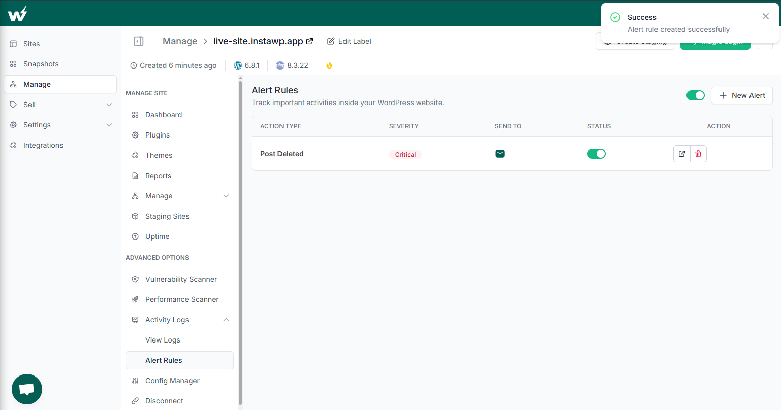 An active InstaWP alert rule confirming notifications will be sent when the selected action occurs