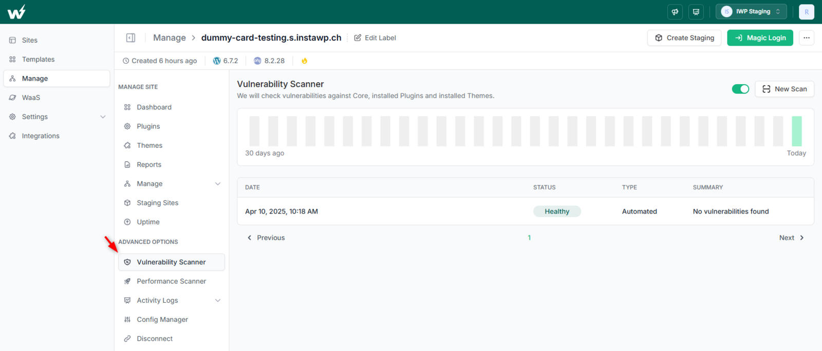 Opening the Vulnerability Scanner from the managed site options in the InstaWP dashboard