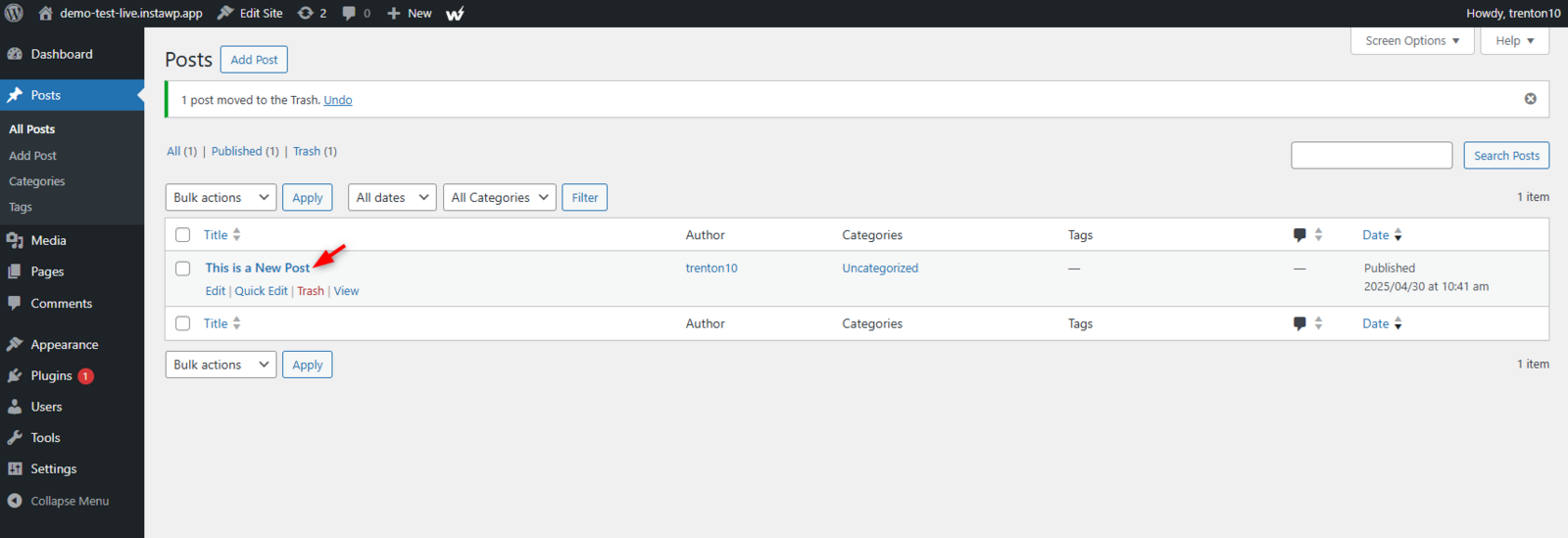 InstaWP activity log listing recorded events such as a published post with user, action and timestamp