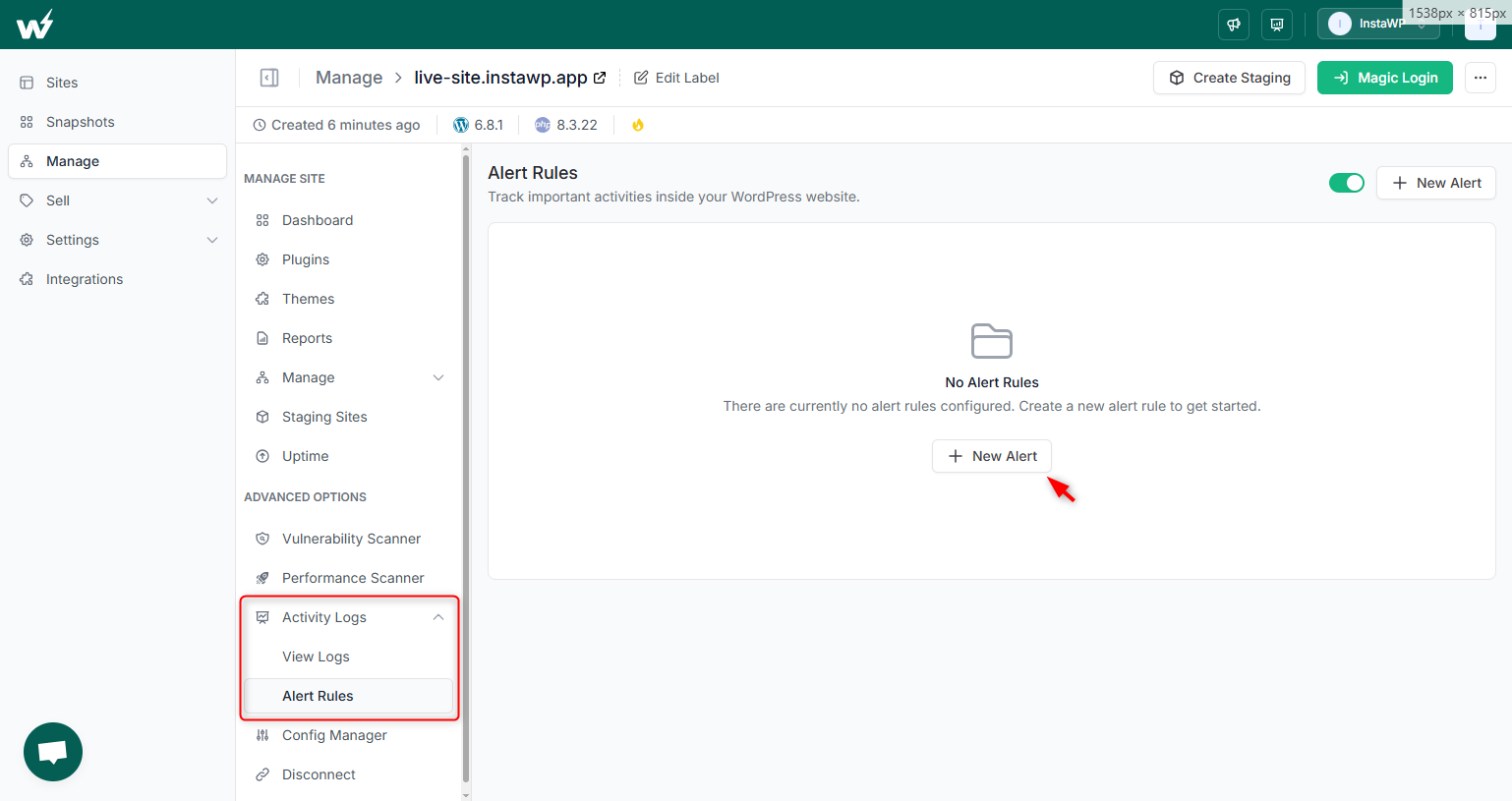 Alert Rules screen under Activity Logs in the InstaWP dashboard with the New Alert button