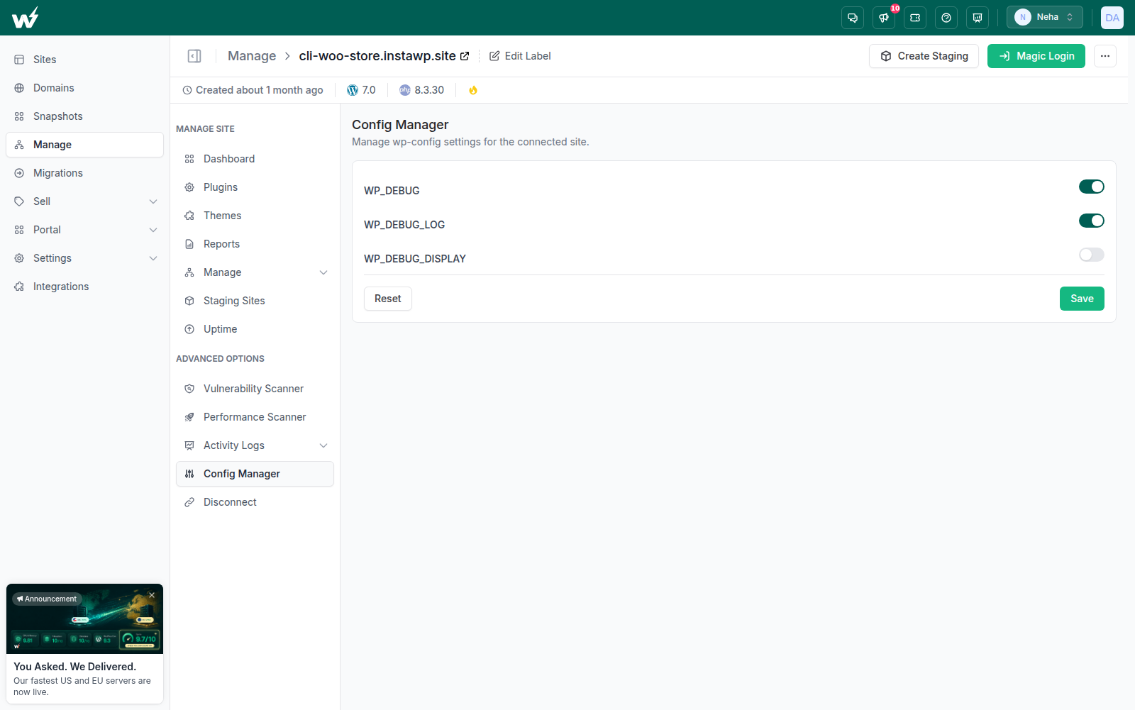 Config Manager for editing a connected site configuration from InstaWP
