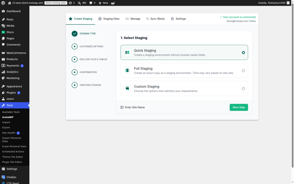 InstaWP Connect staging wizard inside wp-admin with Quick, Full and Custom staging options