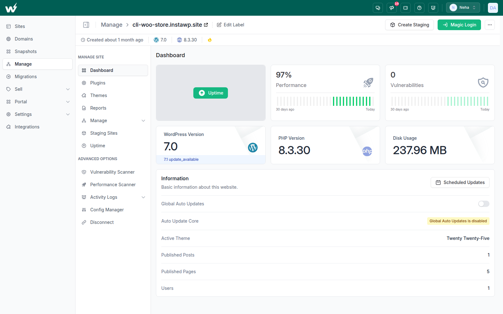 InstaWP managed site dashboard showing uptime, performance and vulnerability panels
