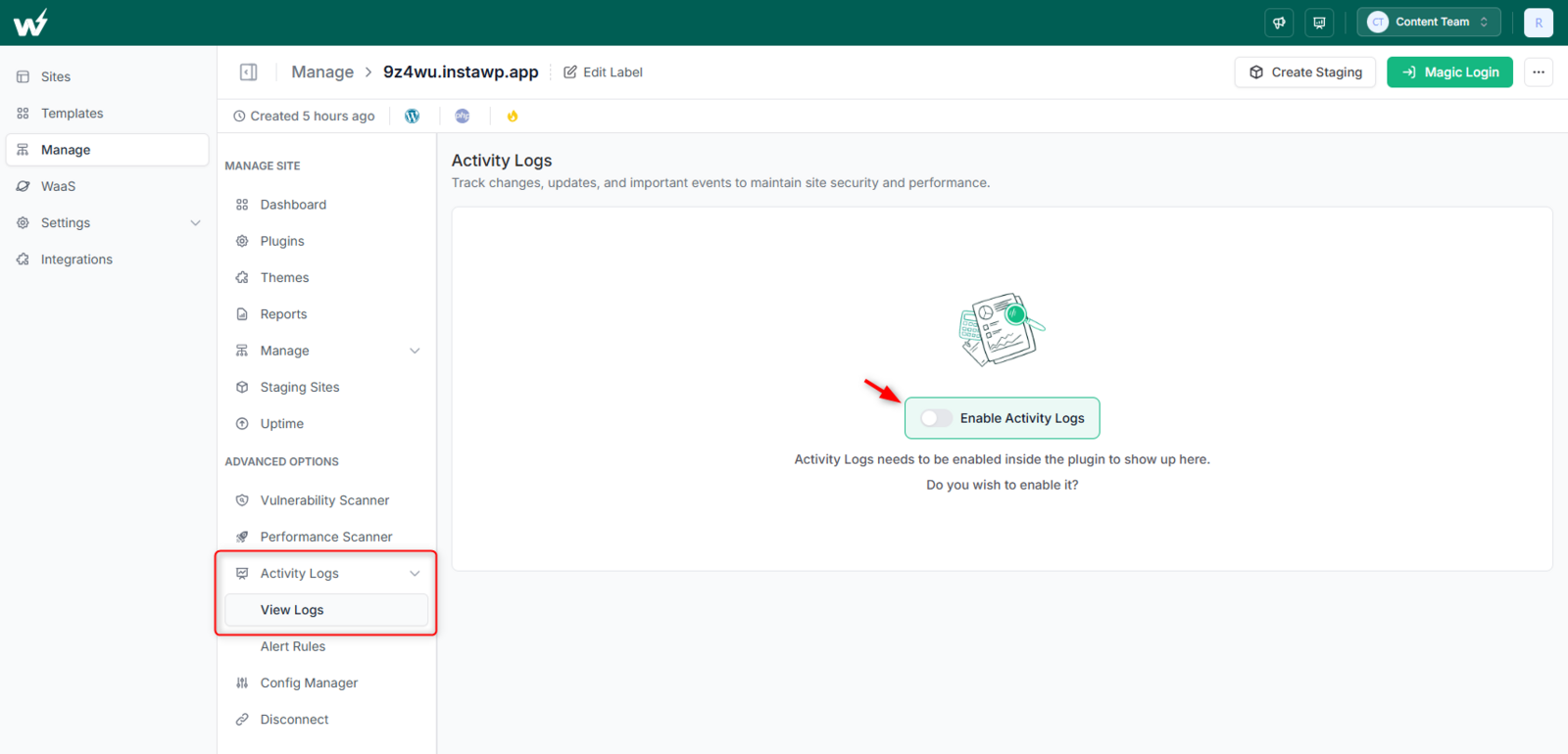 Selecting Activity Logs then View Logs in the InstaWP managed site menu and enabling the activity log toggle