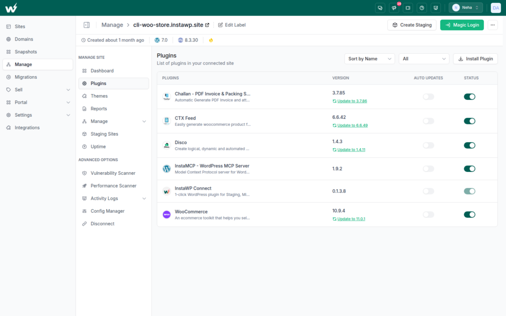 Plugins screen for a connected site in InstaWP with versions, available updates, auto-update switches and status toggles