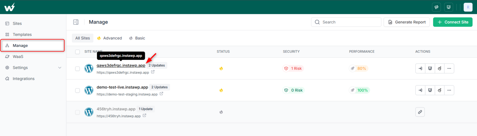 Selecting a managed site from the InstaWP Manage list to open its dashboard
