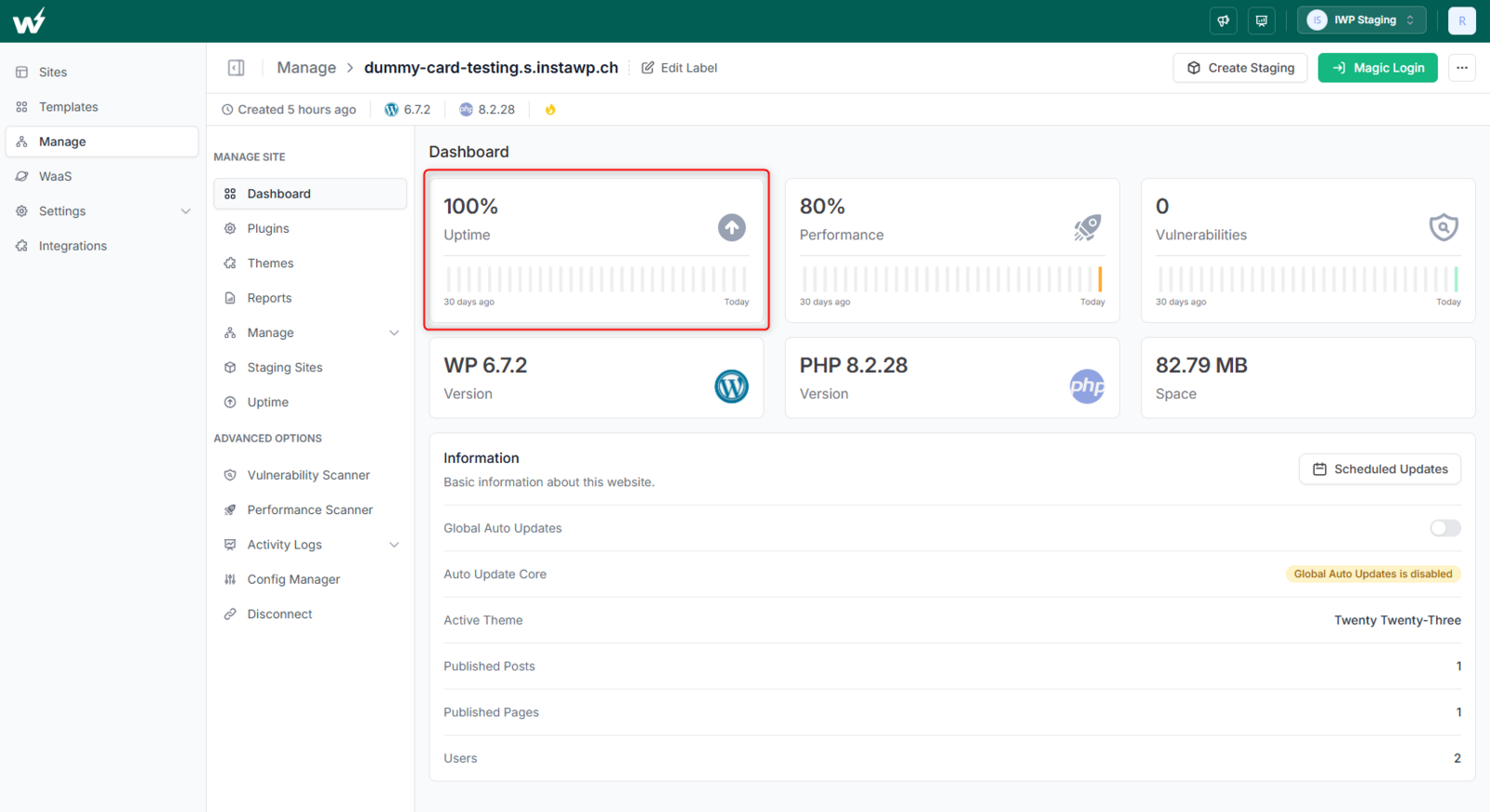 The uptime information box on an InstaWP managed site dashboard