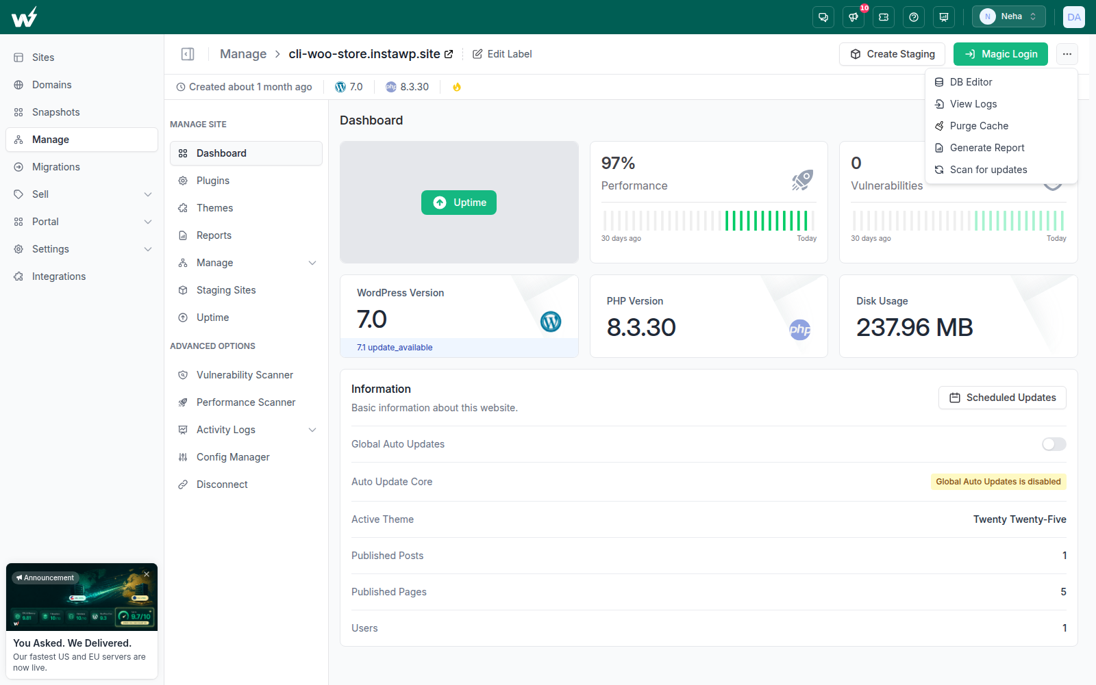 A connected site opened in InstaWP with its full set of management tools