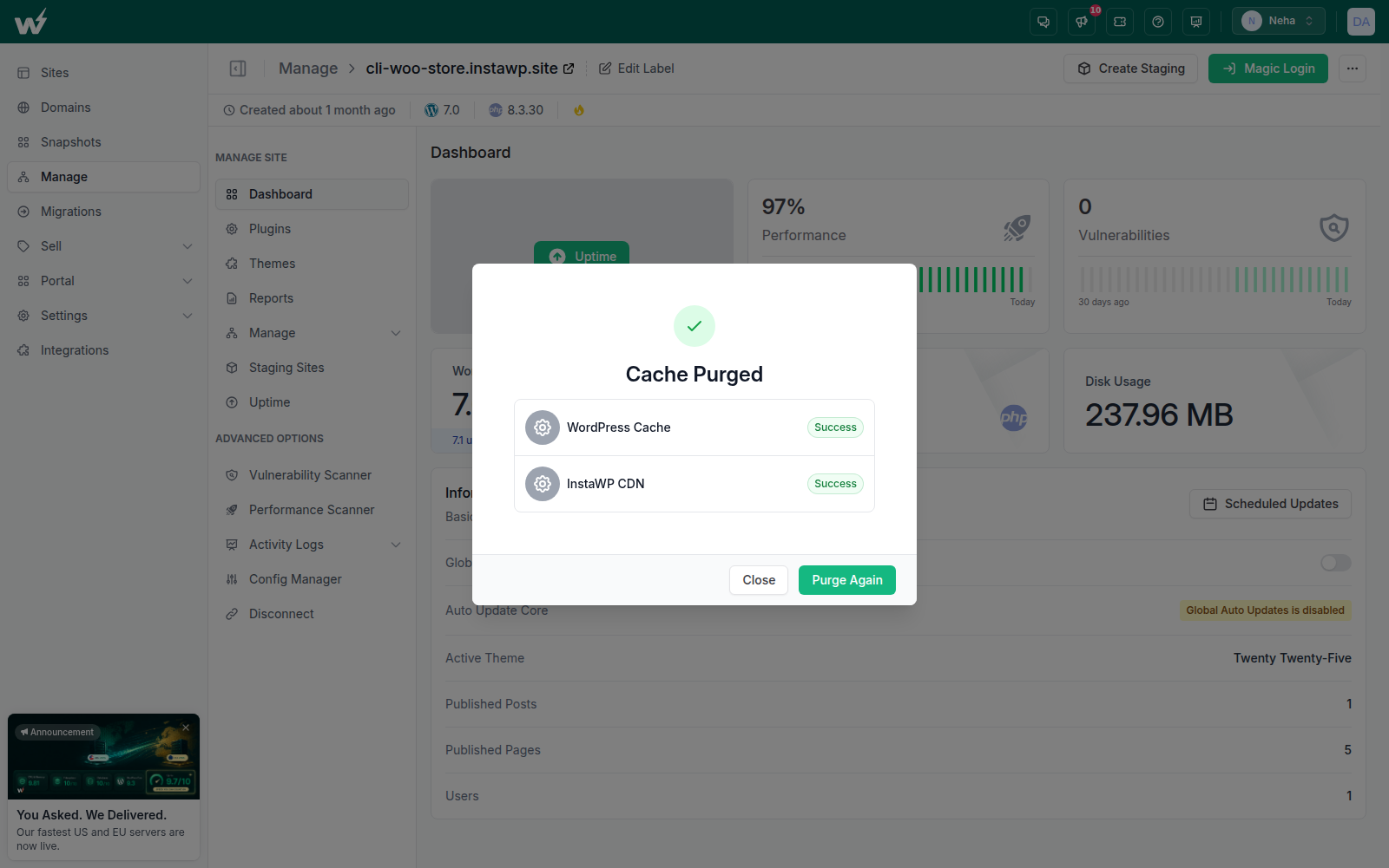 Purge Cache clearing cached copies of a site so visitors get the current version