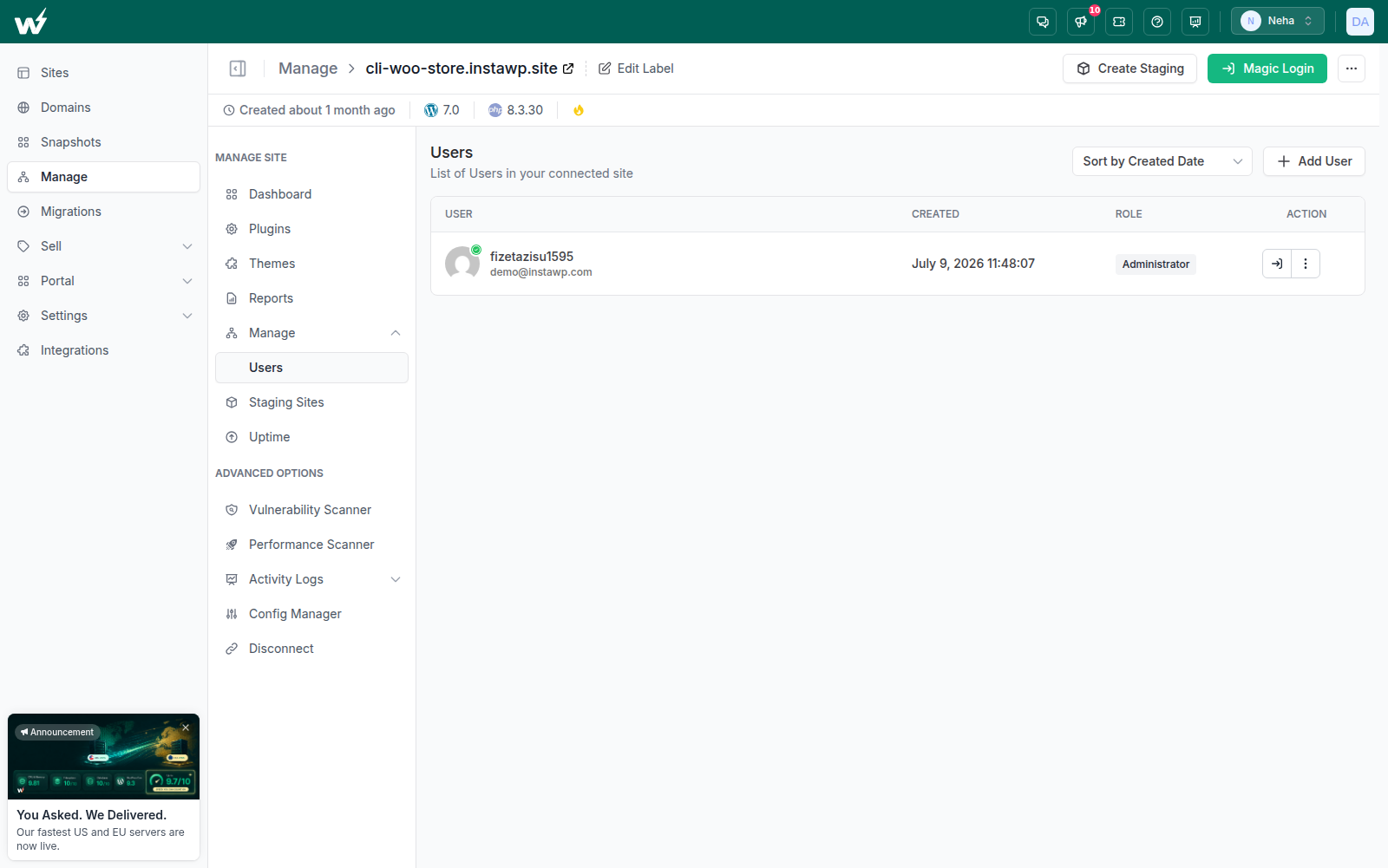 Manage Users screen for adding a WordPress user with name, email, password and role