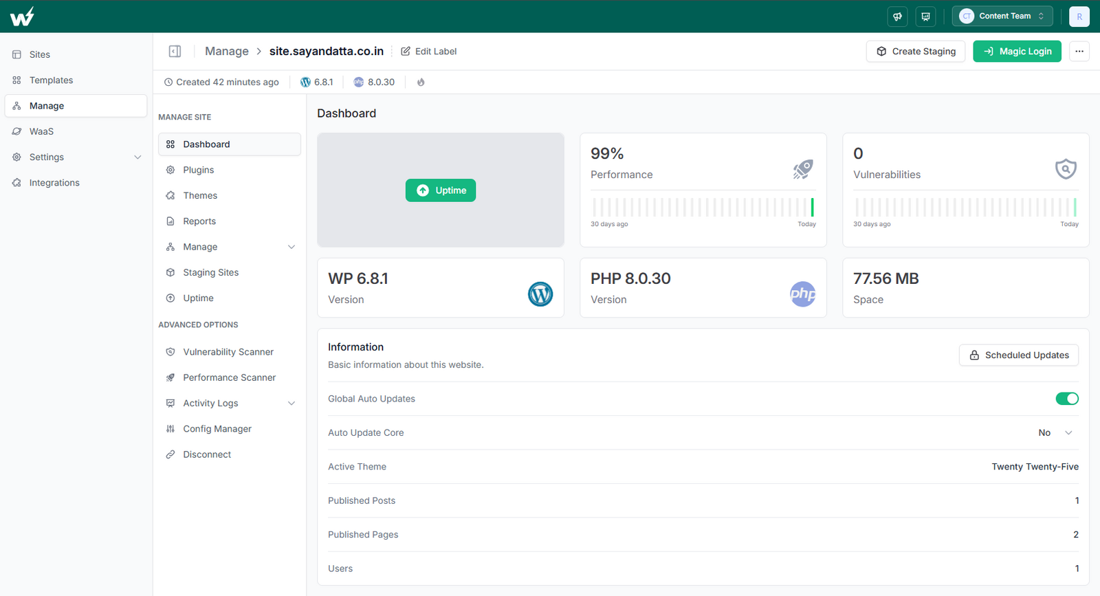 InstaWP managed site dashboard showing uptime, performance, vulnerabilities, WordPress and PHP versions and space used