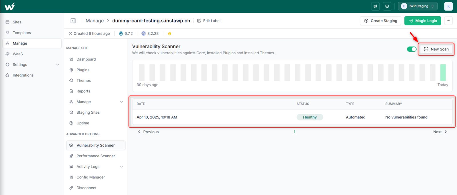 InstaWP vulnerability scan report listing detected issues for a managed site