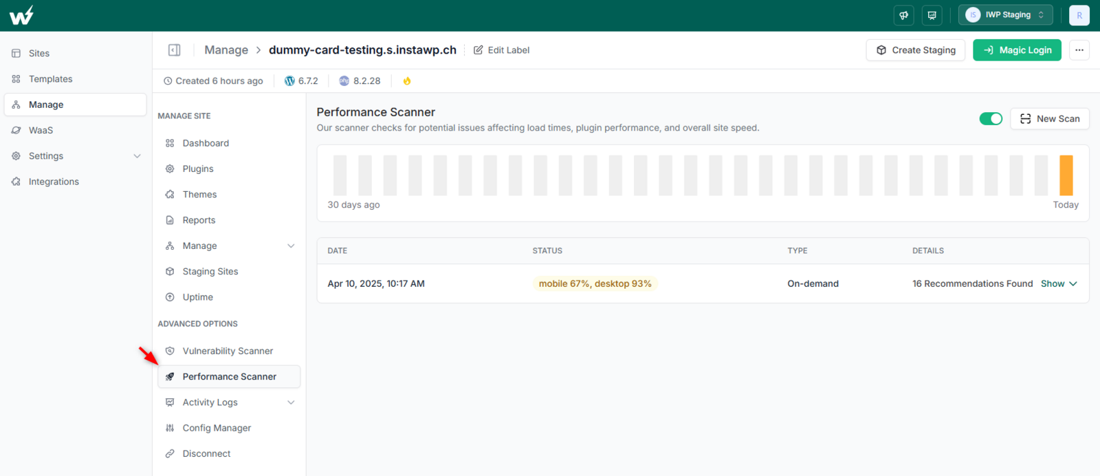 The Performance Scanner section within the InstaWP managed site options