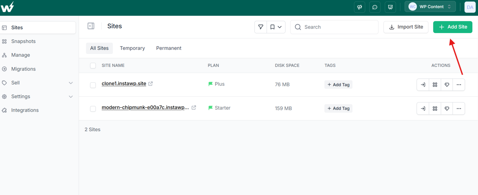 The InstaWP dashboard after signing in, with the Add Sites button