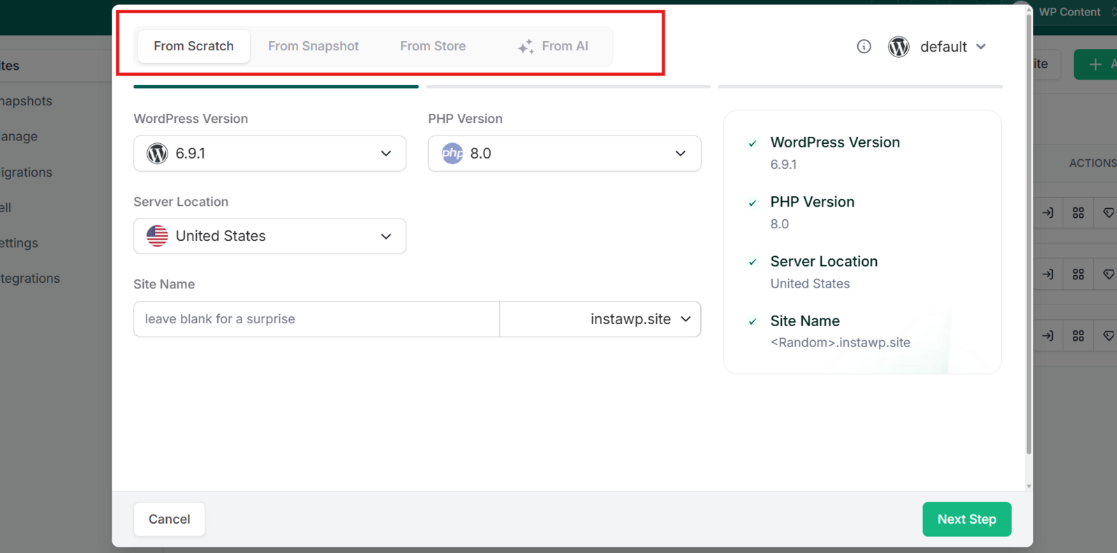 InstaWP new site options: From Scratch, From Snapshot, From Store and From AI