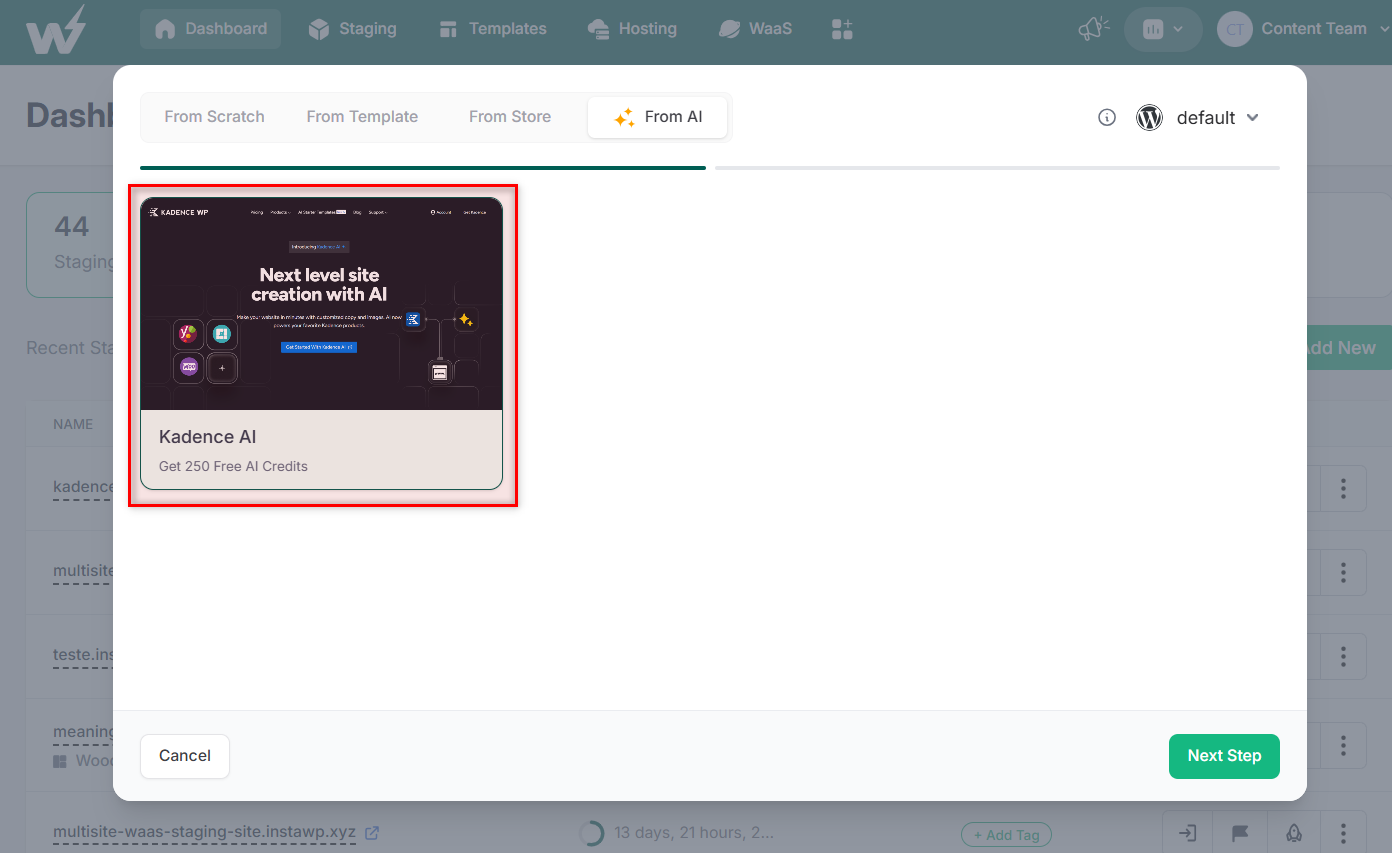 Kadence AI Integration in Staging Site Wizard Kadence AI Integration in Staging Site Wizard