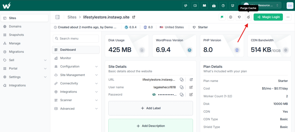 Purging server cache from a managed WordPress hosting dashboard
