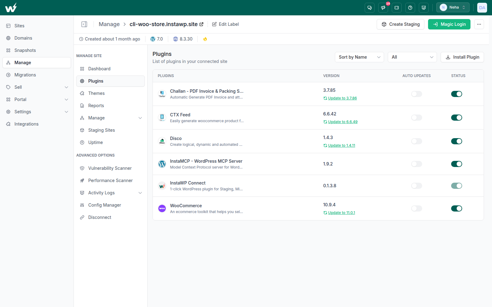 Installing and managing plugins on a connected site from the InstaWP dashboard
