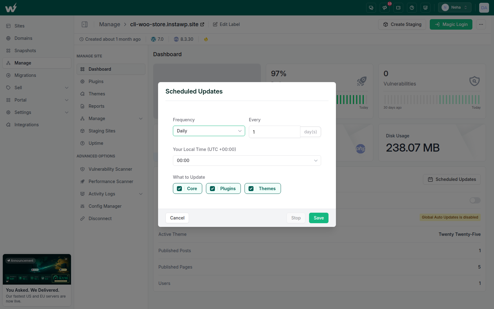 Scheduled Updates settings for running WordPress, plugin and theme updates on a set schedule