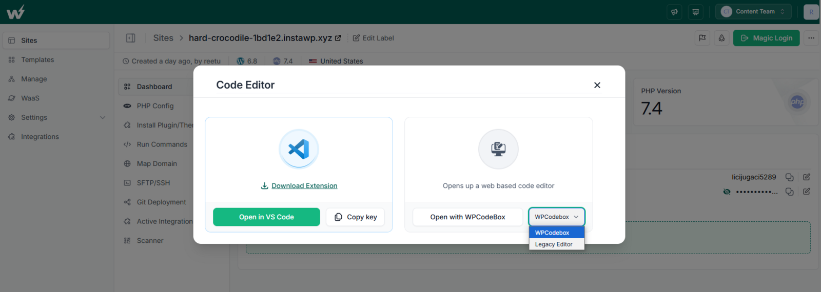 InstaWP Code Editor for editing WordPress source files directly in the browser
