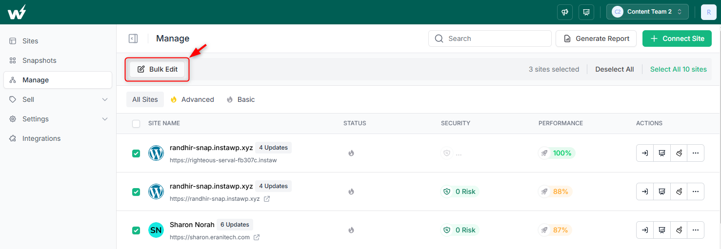Selecting several connected sites in InstaWP and clicking Bulk Edit to update them together