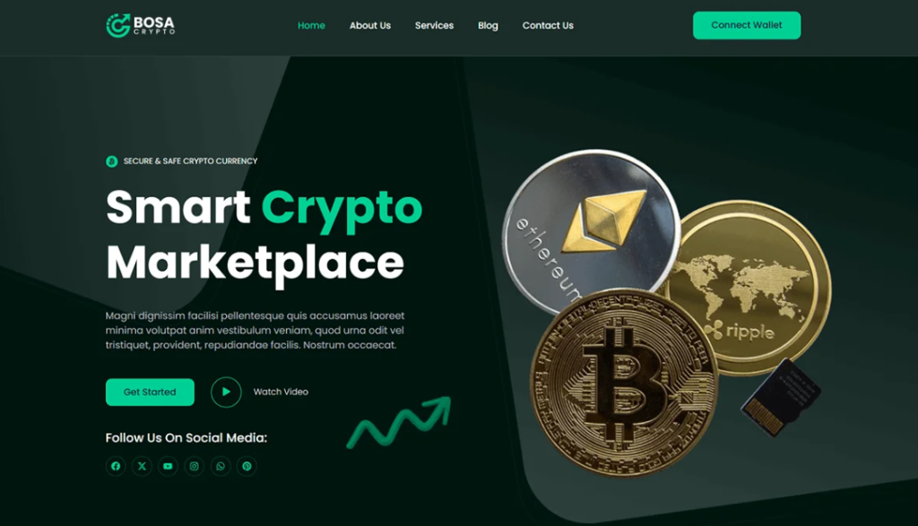 Homepage design of Bosa Crypto theme – best crypto website template for modern token platforms.
