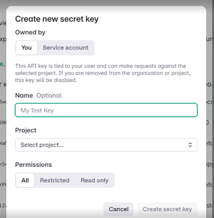 Click "Create new secret key" and copy it somewhere safe.