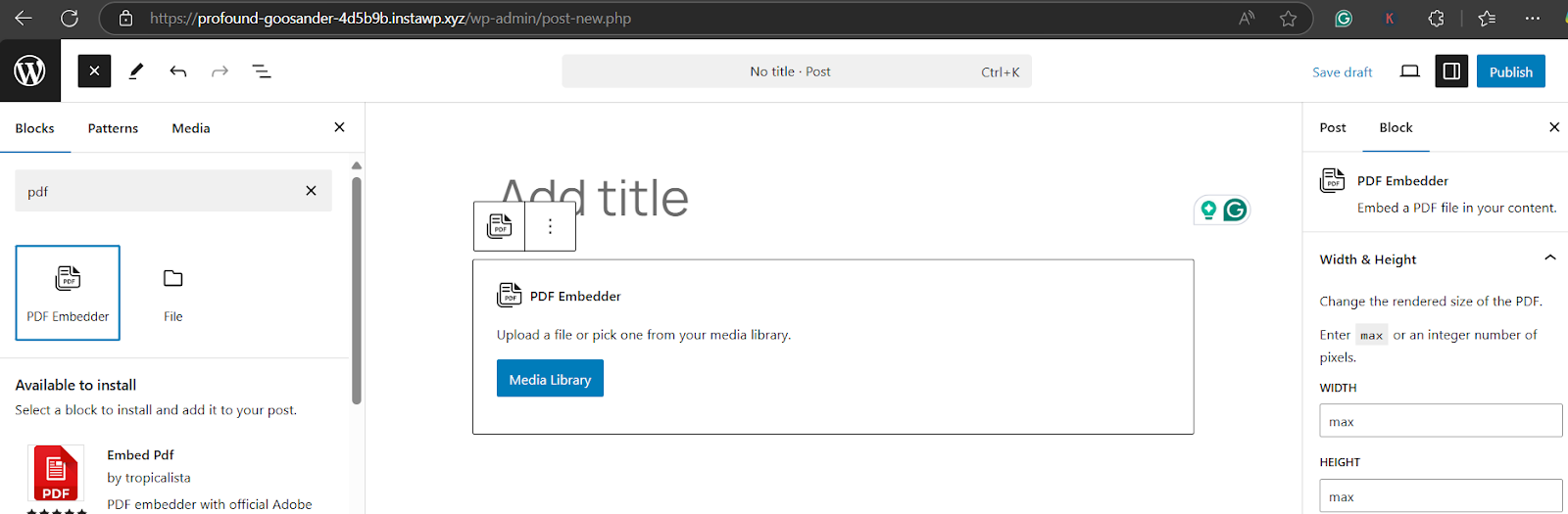 Upload your PDF and select Insert into post Upload your PDF and select Insert into post