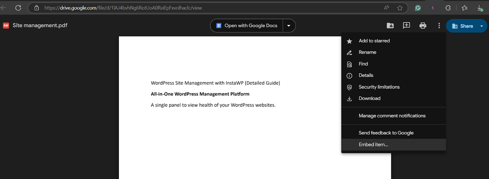 Click the 3-dot menu → Select “Embed Item” Click the 3-dot menu → Select “Embed Item”