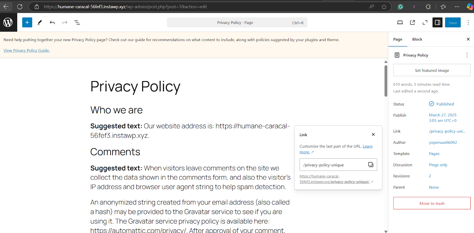 Click Edit, enter your custom slug (e.g., /privacy-policy-unique), and click OK. Click Edit, enter your custom slug (e.g., /privacy-policy-unique), and click OK.