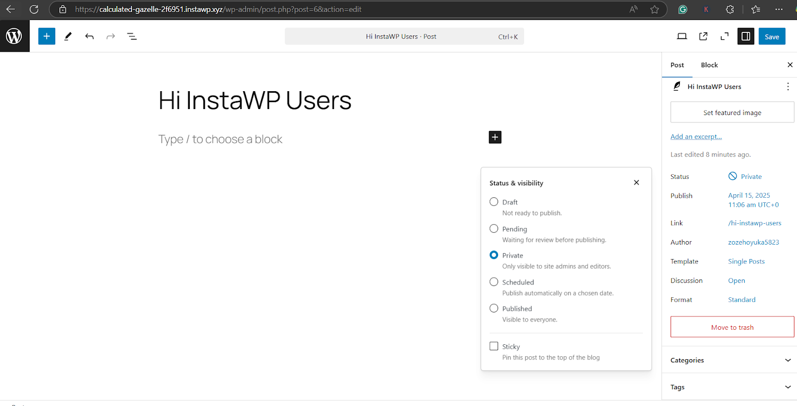 Click Status and select Private to hide a page in WordPress Click Status and select Private to hide a page in WordPress