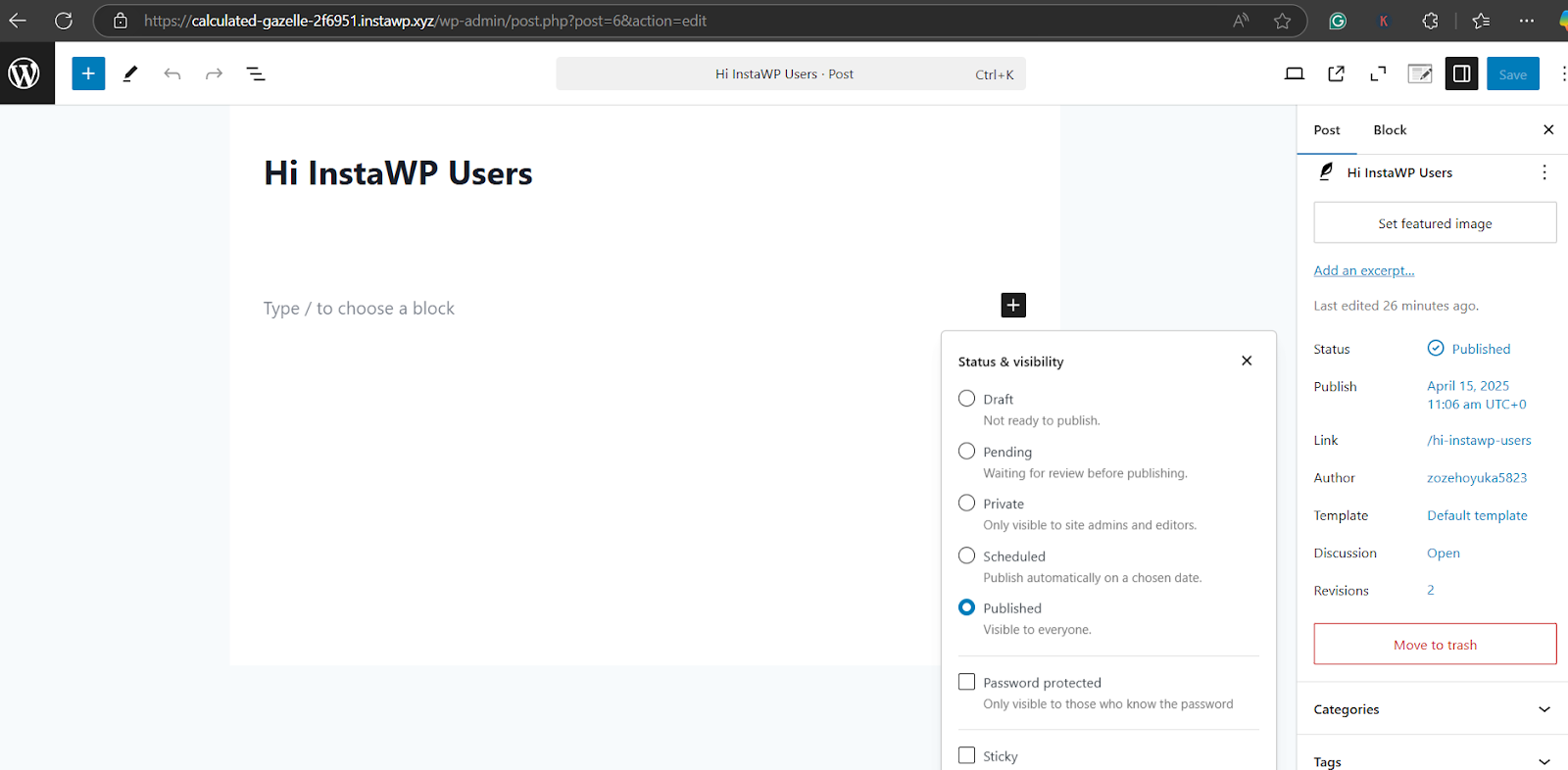 Select Password Protected to hide a page in WordPress Select Password Protected to hide a page in WordPress